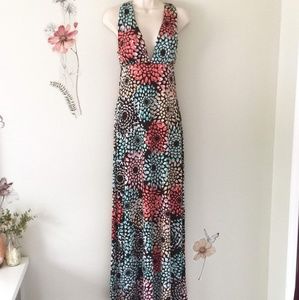 Floral Maxi Dress, Plunging Neckline sz M